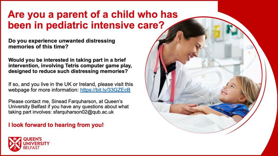 Are you a parent of a child who has been in paediatric intensive care?
Do you experience intrusive memories (flashbacks) of this?
If you'd be interested in taking part in an intervention to reduce these please contact me or click bit.ly/33GZEcB (for people in UK/Ireland)