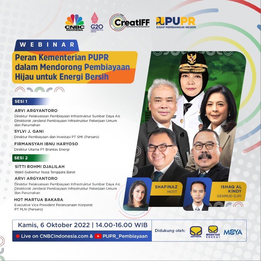pu_djpi's tweet photo. JANGAN LUPA !!! BESOK !!! Road to Creative Infrastructure Financing (“CreatIFF”) 2022 sektor Sumber Daya Air dengan tema pembahasan “Peran Kementerian PUPR Mewujudkan Pembiayaan Hijau untuk Energi Bersih”. #sigapmembangunnegeri #CreatIFF #RoadtoCreatIFF2022 https://t.co/Y7cQLUBrql