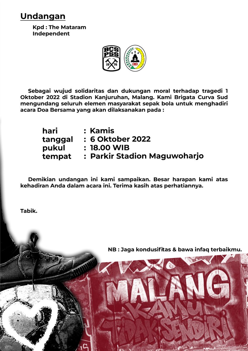 Undangan dari <a href="/BCSxPSS_1976/">Brigata Curva Sud</a> sudah kami terima, maturnuwun. Sampai bertemu🙏🏼

Untuk teknis keberangkatan, nanti kami beri info lebih lanjut. SAREWA