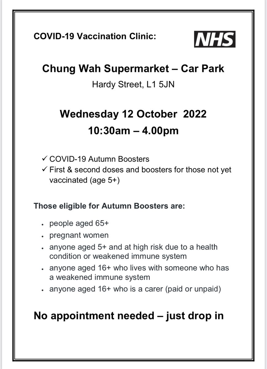 Chinese_Wellb's tweet photo. A walk-in #Covid vaccination clinic is taking place near China Town #Liverpool on tomorrow.
📅12 Oct 
⏲️10:30am-4pm
🏪Chung Wah Supermarket, L1 5JN
🧑‍🤝‍🧑Age 65+ 
🗨️Onsite interpreting 
💉1,2,booster, Autumn #boosters
If you're eligible, come along and #GrabAJab #vaccines https://t.co/taeIG0VQun