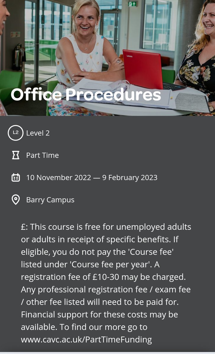 CAVC_Business's tweet photo. Interested in learning about Office Procedures? Haven't studied for a while? Apply today and join our friendly, small class at Barry campus. Thursdays 9.45-3.00. Commencing 10th November.
https://t.co/KTafq0NQcX https://t.co/Y0zGkRz20q