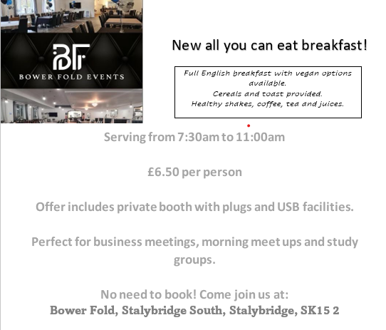 Works4Uorg's tweet photo. Bower Fold are now offering an all you can eat breakfast! Come and join us Monday to Friday. Serving from 7:30am to 11:00am. #breakfast #bowerfold #bowerfoldevents #works4u #allyoucaneat #morningmotivation #morningroutine https://t.co/C3wVq5Vpcb