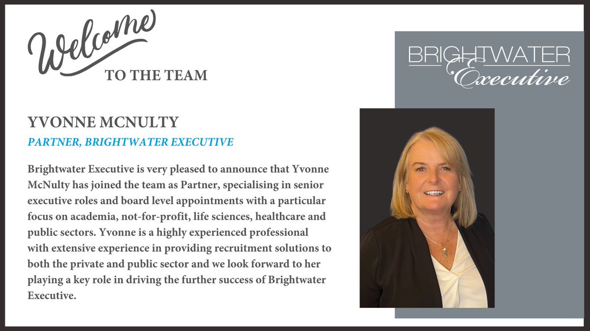 BrightwaterExec's tweet photo. We're delighted to announce Yvonne McNulty's appointment as Partner. Yvonne brings with her a wealth of experience in recruitment and we're excited to welcome her on board. 
#BWTribe #JoinOurTeam https://t.co/ACLtWvQ1pj
