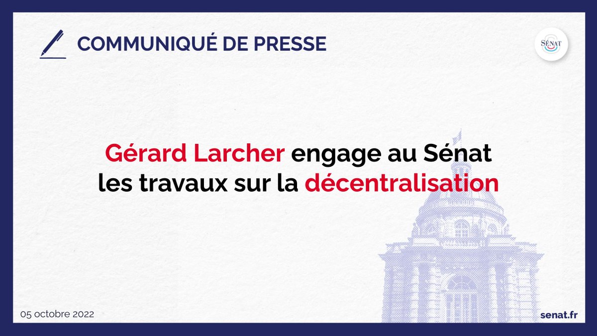 📢 Ce mercredi 5 octobre, <a href="/gerard_larcher/">Gérard Larcher</a> a réuni pour la première fois le groupe de travail sur la décentralisation, qui aura pour objet d’approfondir le projet d’un nouvel équilibre entre les pouvoirs locaux et le pouvoir central.

Le communiqué : 
🔗 sén.at/yti4Al