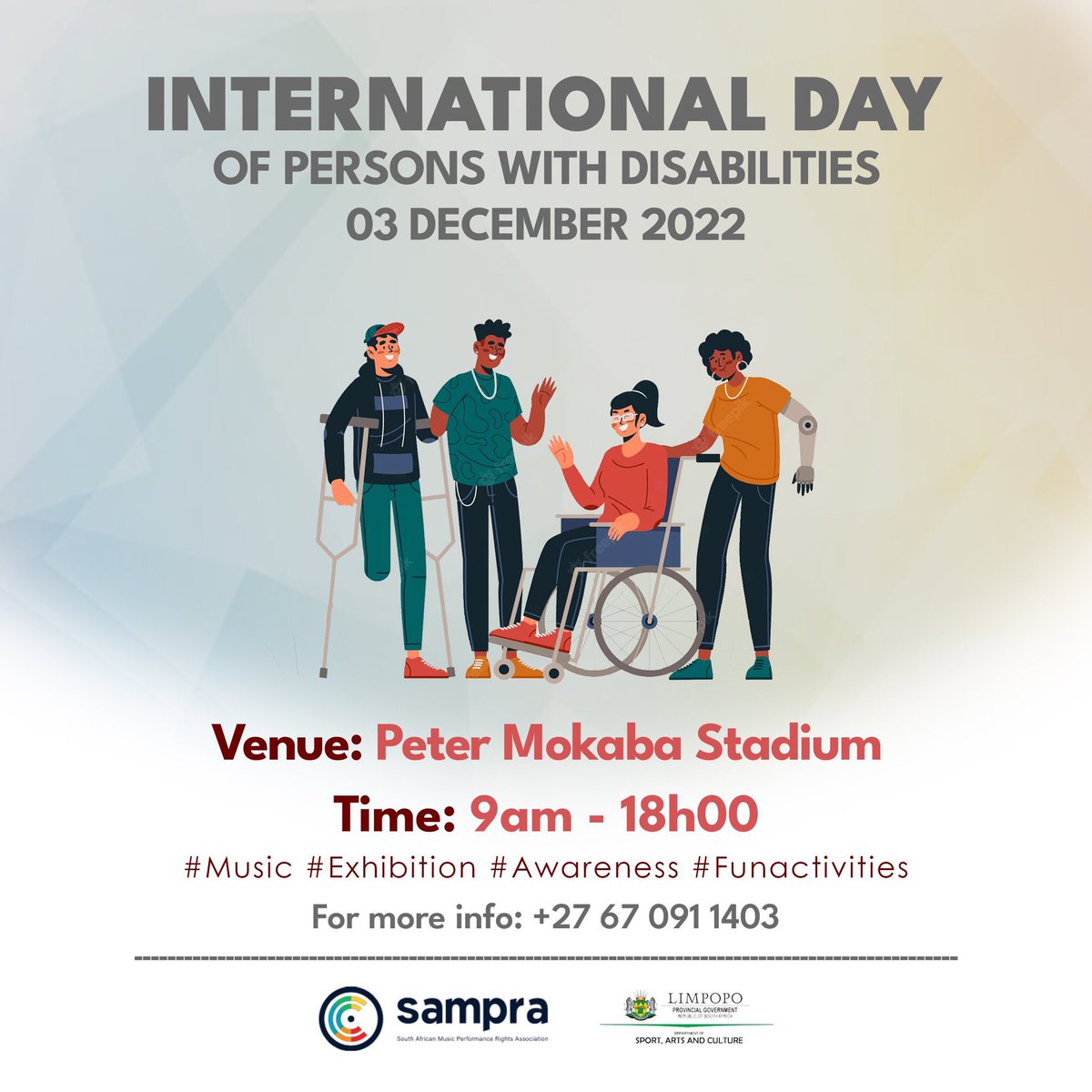 DjBamboRockx's tweet photo. Live performances by artists with disabilities on 03 December 2022, powered by @OfficialSAMPRA lineup loading soon #SAMPRAFund 
#SAMPRA #livemusic #disabilityawareness #artsexhibition #DisabilityTwitter 
#disabilityinclusiveSA #music https://t.co/6OZpfWmFEo