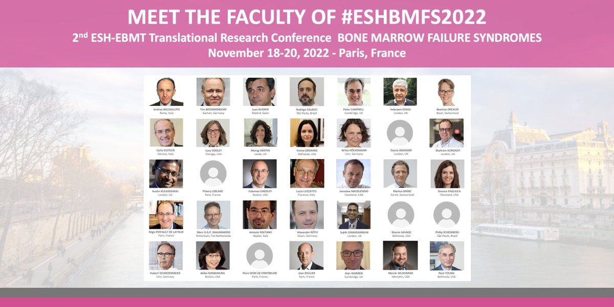MEET THE FACULTY OF #ESHBMFS2022 Register now ➡ bit.ly/3vClJEv 2nd ESH-EBMT Translational Research Conference: BONE MARROW FAILURE SYNDROMES Nov. 18-20, 2022 in Paris 🇫🇷 Chairs: @brummendorf, C. Dufour, R. Peffault de Latour, A. Risitano #ESHCONFERENCES #BMFsm @TheEBMT