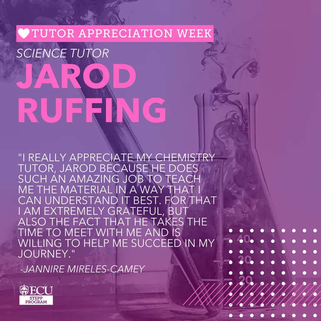 ecustepp's tweet photo. This week is #TutorAppreciationWeek ✏️! The #STEPPprogram wants to thank its tutors for their hard work in helping students succeed in their academic courses. Today, we thank Science Tutor Jarod Ruffing! 

#ecu #tutor #tutorappreciation https://t.co/L2F6gHPBLL