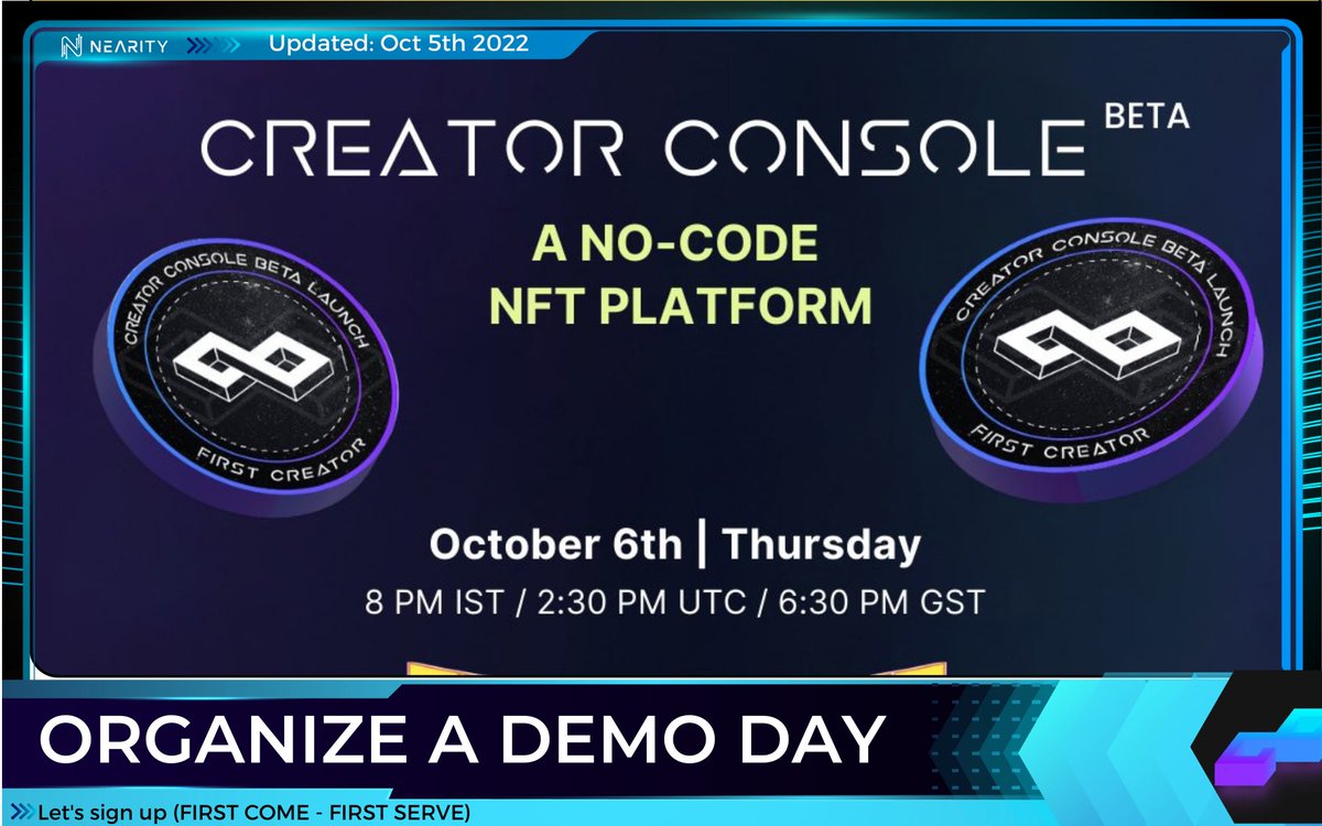 Nearity_org's tweet image. 📢@CreateProtocol is doing a Demo Day for #CreatorConsole

🥰Hurry up Join &amp;amp; get Limited Edition #poap #giveaways with exclusive support, offers &amp;amp; deals

🫴Register forms.gle/8e6SxGMUWX8ZYt…

#Nearity #NEAR #NEARisNOW #NEARProtocol #CreateWithoutLimits  #NEARnft