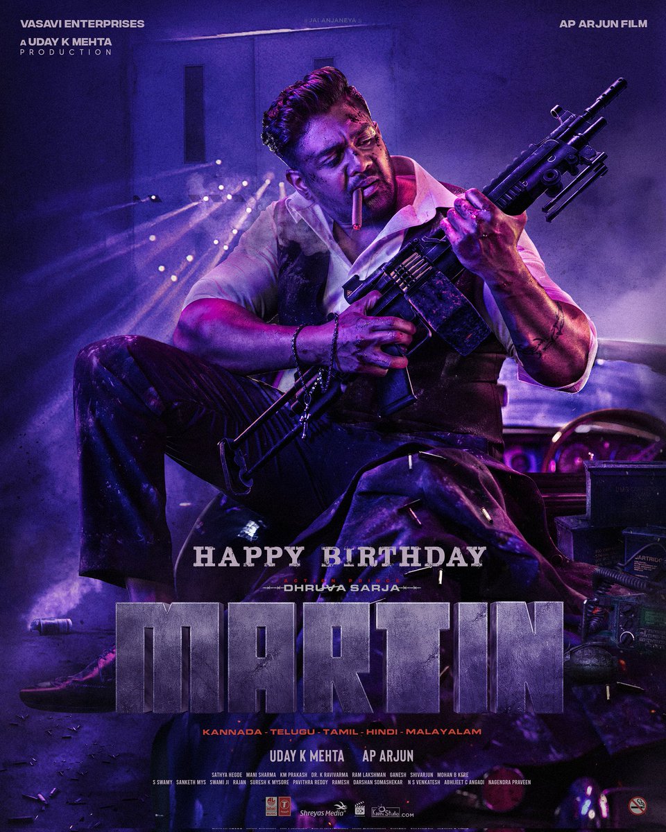 sharadasrinidhi's tweet photo. Action Prince @DhruvaSarja looks raw, rugged, ruthless and stylish in this special poster unveiled by team #Martin ahead of the actor's birthday on #Oct6 @AP_Arjun_film directorial produced by #UdayKMehta is set out to release in multiple languages. #HBDDhruvaSarja https://t.co/at8ykBHnTH