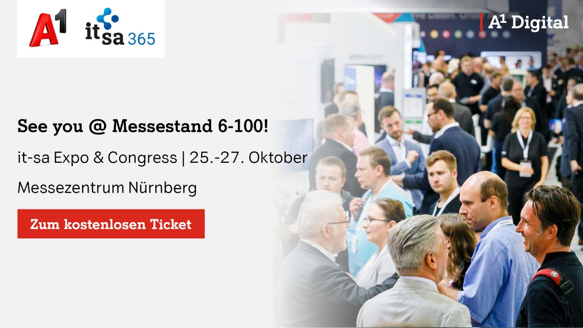 Wer darf bei Europas größter #Fachmesse für #IT-#Sicherheit nicht fehlen? Wir – und Sie natürlich. Sichern Sie sich also jetzt Ihr kostenloses Ticket und besuchen Sie uns auf unserem #Messestand auf der it-sa 2022 in #Nürnberg: a1.digital/de/events/it-s… Wir freuen uns auf Sie!