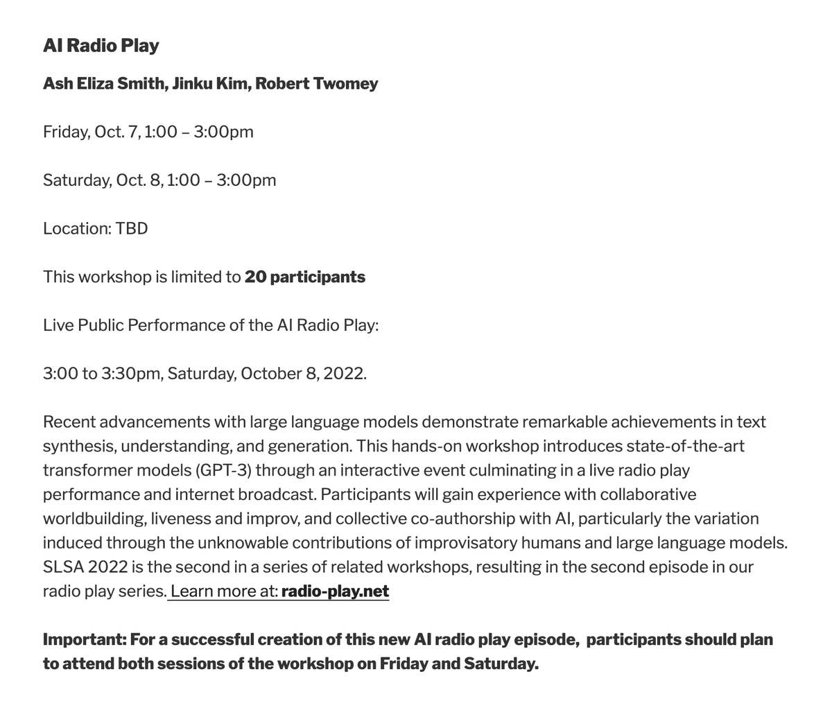 roberttwomey's tweet photo. If you are at #SLSA2022 Purdue, please join our AI Radio Play workshop this Fri+Sat. Everyone else: the new episode streams live 3:00-3:30pm CT Sat: https://t.co/tLVqSowcfR

Register: https://t.co/ORse0d8tUT

#liveness #improv #radio #gpt3 https://t.co/UvnDK3Qb6W