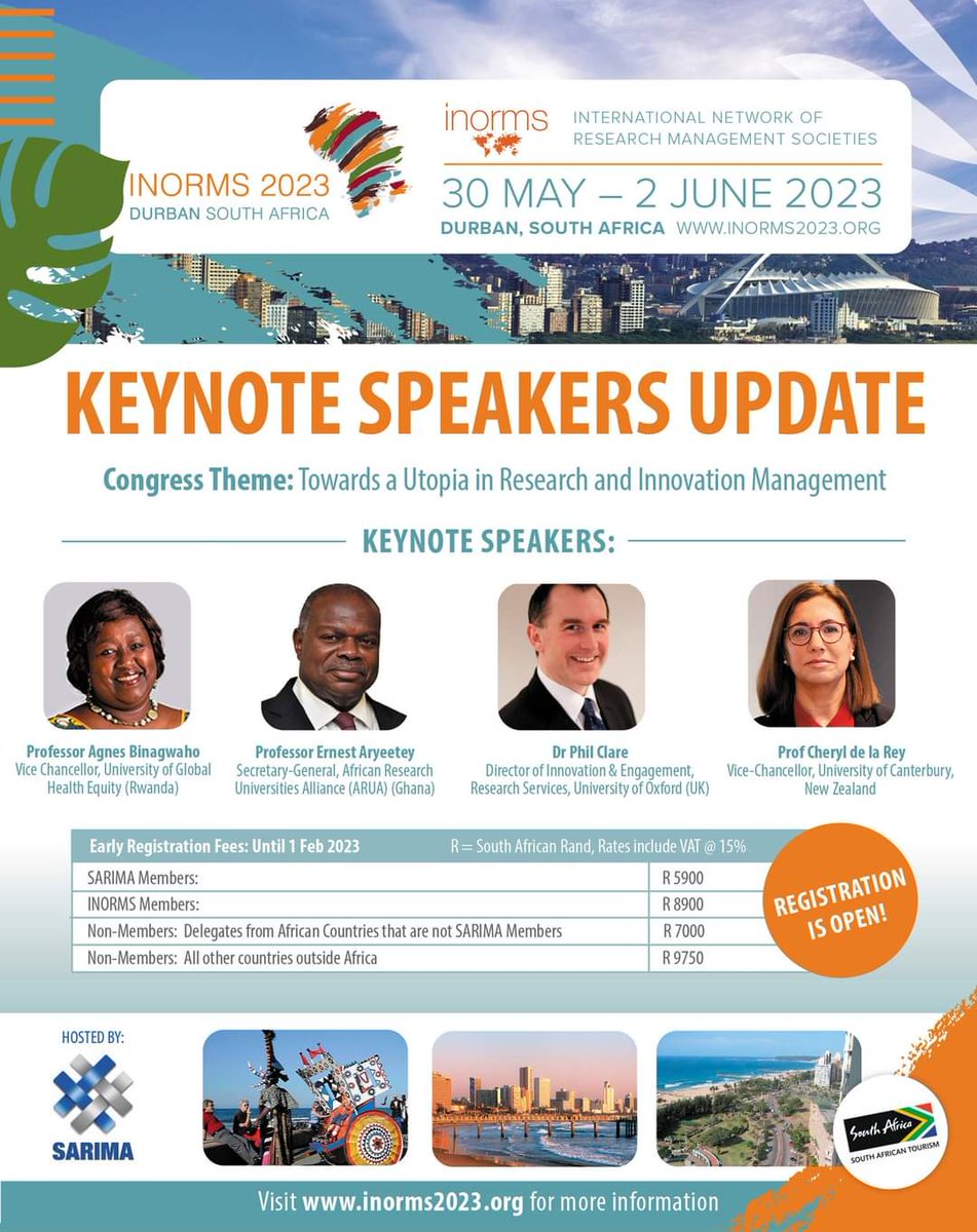 TReMORProject's tweet photo. #INORMS2023 has a fantastic line up of keynote speakers. The programme is taking shape from >240 abstracts from across the globe.

Don't miss this amazing #international #ResearchManagement #conference opportunity in sunny Durban, #SouthAfrica! https://t.co/yLAn6itaPL