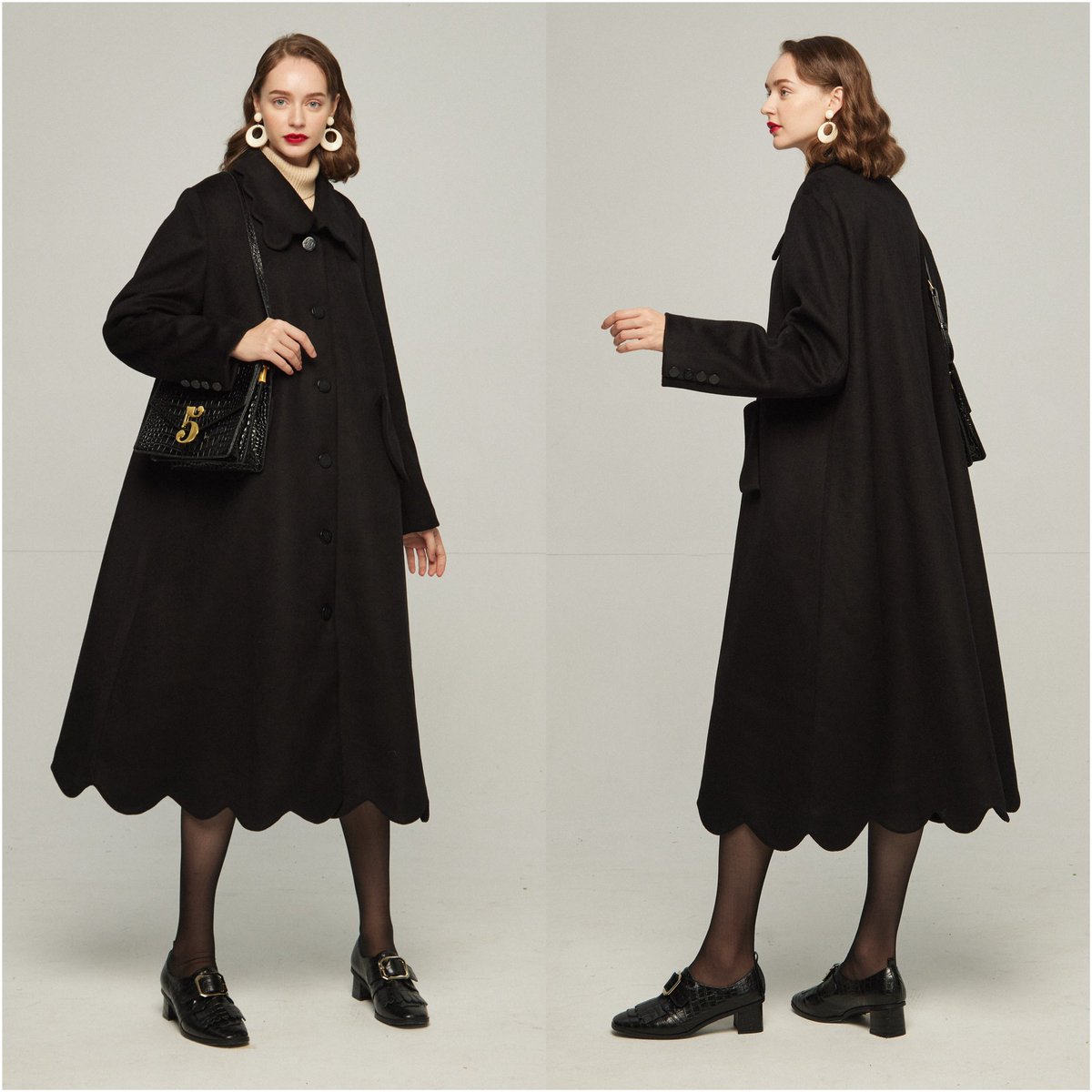 トゥエンティーズ　ベッドでクッキーを食べないで　ロングコート　ブラック ベッドでクッキーを食べないで》 ・スカラップデザインの襟元と裾が