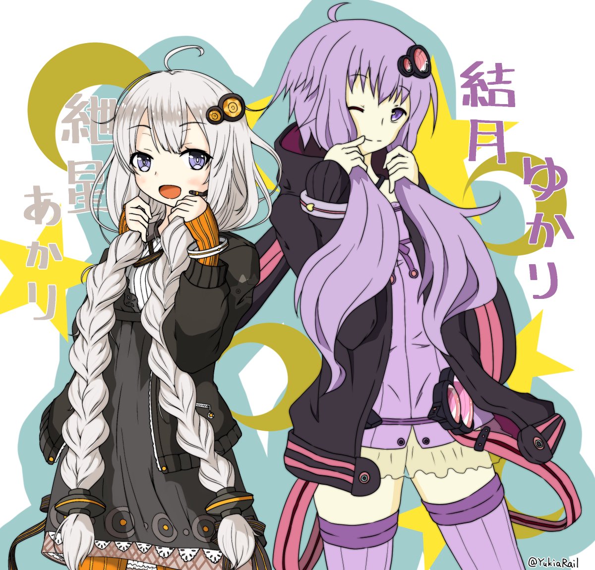 kizuna akari ,yuzuki yukari multiple girls 2girls hair ornament dress braid purple hair one eye closed  illustration images