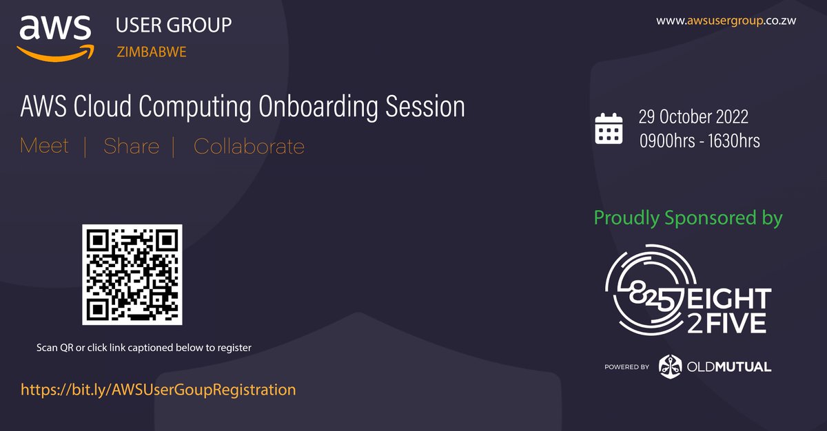 awsusergroupzim's tweet photo. We are excited to share with you that we will be hosting a full day of talks and activities to bring the ZIM AWS community together at our inaugural AWS workshop on the 29th of October in Harare CBD! Click the link below to RSVP. Thanks to our sponsors @OldMutualZW @eight2fivehub https://t.co/32ikvPgWjT