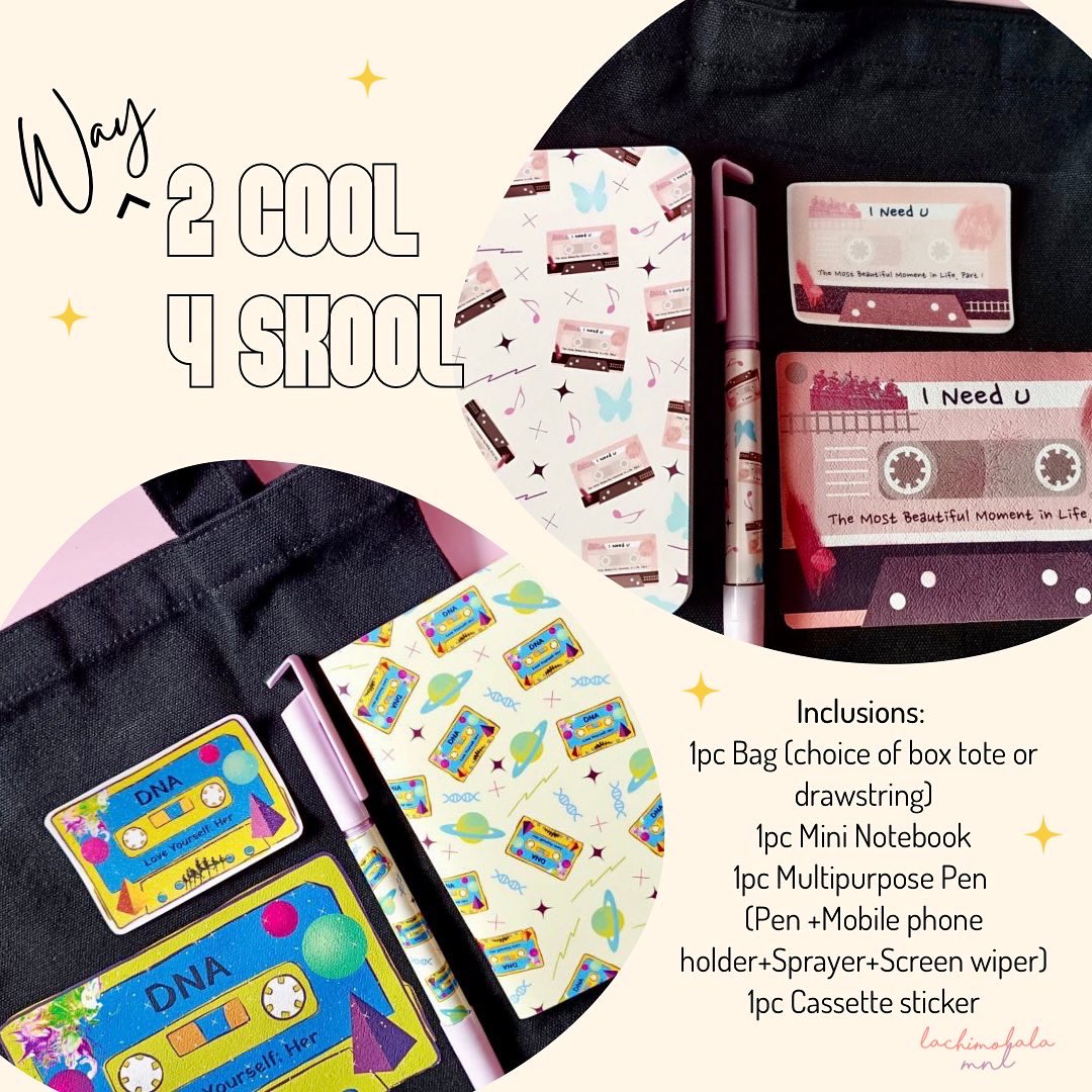 LachimolalaMnl's tweet photo. We think you’ll be more motivated to go to school with this special Way 2 Cool 4 Skool kit. Get 1 for you and your bestie 💜 4 amazing items in 1 kit ✨
P450
Available in 2 designs:
DNA
I Need U
PS. Can also use this in the office or casual strolls out 😉
#bts #btsfanmademerch https://t.co/GWHRadGnzm