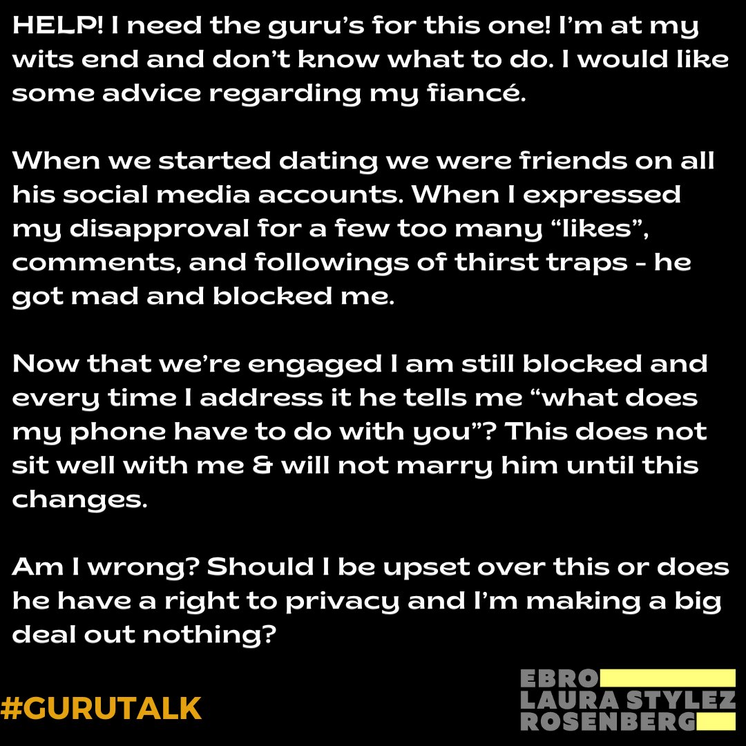 HOT97's tweet photo. They are engaged. He blocked her from social media. She has an issue with that and won't marry him until this changes. Does she have a right to be upset? 

Email: TheGuruLaura@GMail.com
#GuruTalk
@EBROINTHEAM 
#EbrointheMorning https://t.co/ui18L7hvpZ
