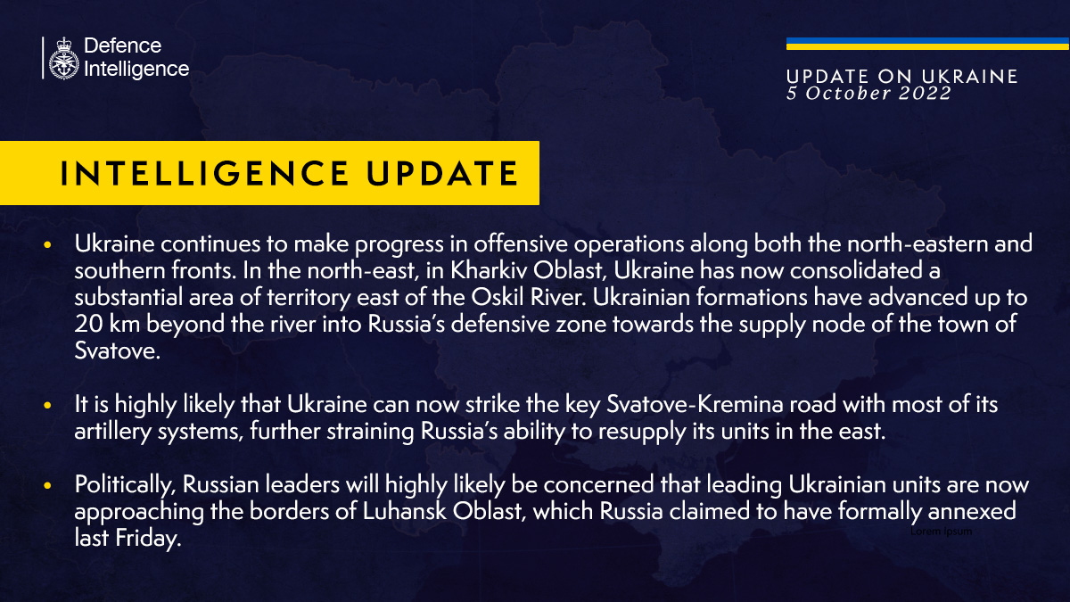 Latest Defence Intelligence update on the situation in Ukraine - 05 October 2022 Find out more about the UK government's response: ow.ly/qrry104563X 🇺🇦 #StandWithUkraine 🇺🇦