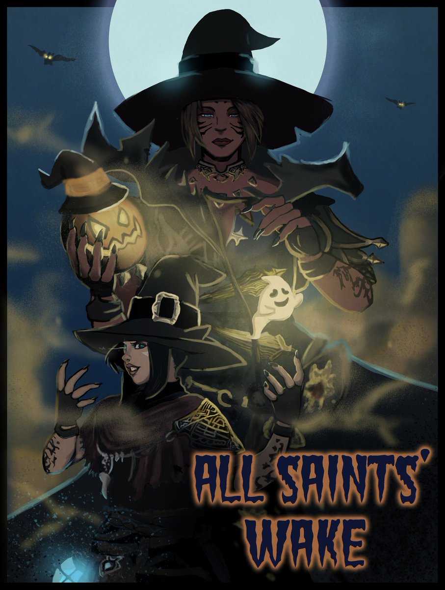 Happy Spooky Month from Ellinus and Jeroba! <a href="/Dearmou1/">Dearmou</a> 
#FFXIV #FFXIVART #miqoctober #digitalart