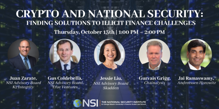 On Oct 13, 1PM - 2PM, NSI is excited to host virtually, "Crypto and National Security: Finding Solutions to Illicit Finance Challenges." Featuring 3 NSI Advisory Board members <a href="/JCZarate1/">Juan Zarate</a>, <a href="/g_co/">Gus Coldebella</a> &amp; Jessie K. Liu and <a href="/gurvais/">Gurvais Grigg</a> &amp; <a href="/jai_ramaswamy/">Jai Ramaswamy</a>! 
Register here: us02web.zoom.us/webinar/regist…