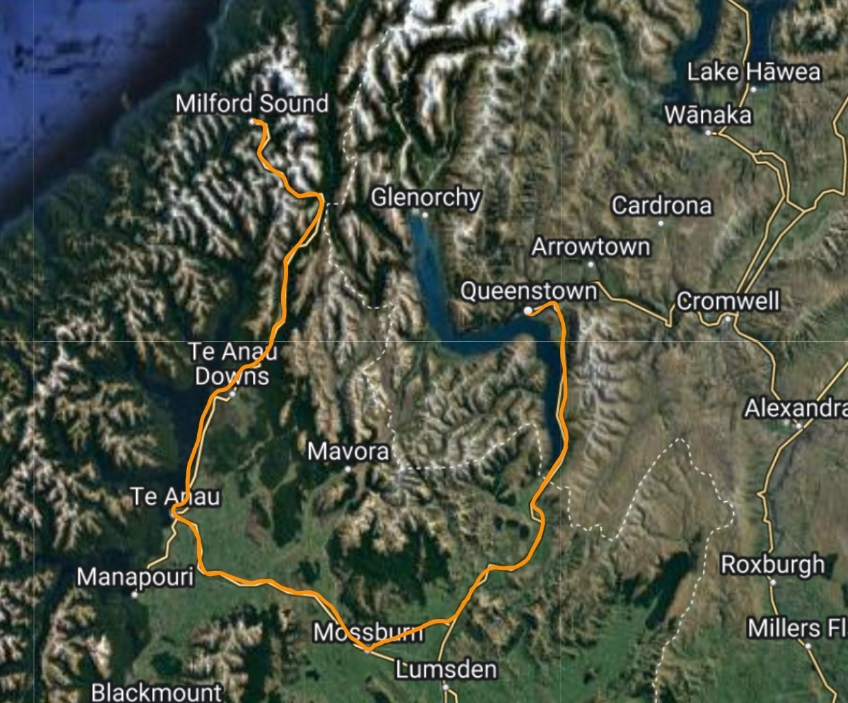 Map from Queenstown to Milford Sound 
