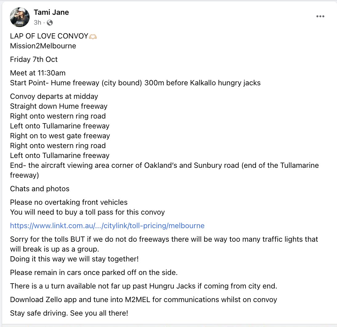 theluckylance's tweet photo. When did you have to purchase a @Linkt @Transurban day pass to "protest"? #notaprotest

Tami Jane has released the route of her Lap of Love #Convoy as a part of her 5 day #Protestival in Melbourne this weekend. 

Heads up @VicRoads @VictoriaPolice #FreeDumbConvoy #Freedumbers https://t.co/GlK8VbmMTr