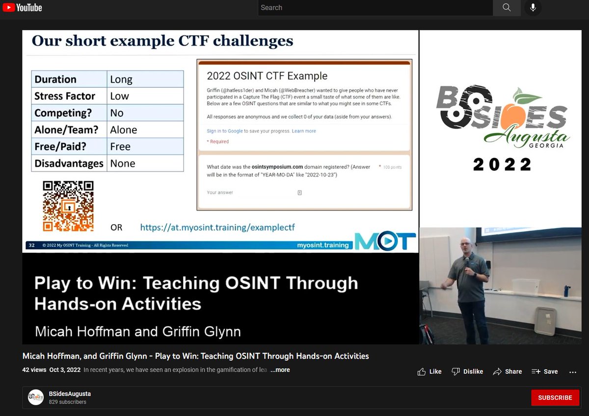 WebBreacher's tweet image. @hatless1der and I gave this talk on hands-on training at @BSidesAugusta last week. BLUF - If you want to find a #CTF that matches how you learn #OSINT and #cyber, watch this! youtube.com/watch?v=n1E8US…
cc: @myosinttrainer @osintgamesctf