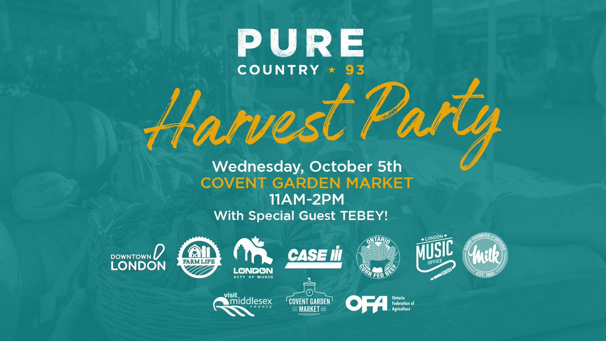TODAY!
Celebrating the Ontario Farm Family of the year, local agriculture and musicians, join us for the Pure Harvest Party! 🌾🎉
Learn more ➡️ iheartradio.ca/purecountry/lo…
Join the Facebook event: facebook.com/events/8143432…
<a href="/LDNMusicOffice/">London Music Office 🇨🇦</a>
<a href="/CoventMarket/">Covent Garden Market</a>
@VisitMiddlesex
<a href="/OntarioFarms/">Ontario Federation of Agriculture</a>