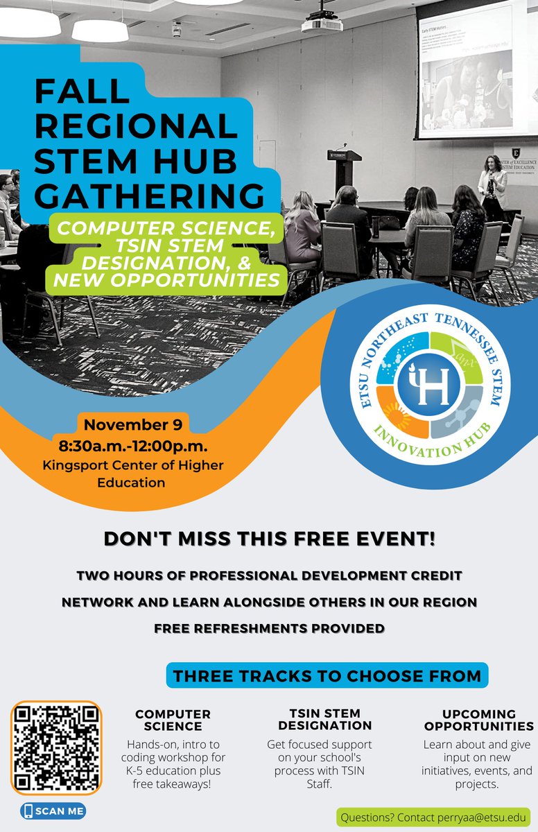 etsucese's tweet photo. Want free food, networking, and 2 hours of PD? Come to our regional STEM hub meeting Nov 9, 2022 8:30am-12:00pm! Sign up for workshops (limited capacity) too. Share widely! #tsin #ceseetsu #etsucese #etsu #stem #stemeducation

Register: https://t.co/bTFk9KJV0K... https://t.co/JiLQKgc4Oa