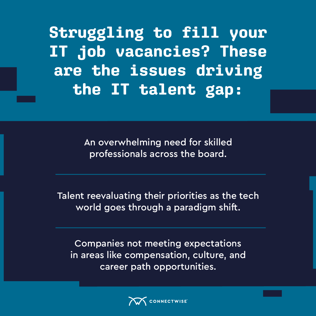 ConnectWise's tweet photo. Can't fill your open IT positions? Most MSPs are struggling to fill IT roles, but they may not know why. Dive deeper into the issues that are driving the IT skills gap when you read our latest report on the global tech labor shortage: https://t.co/DqbCdEHG5h
#ITSkillsGap https://t.co/oWkvWnfupk