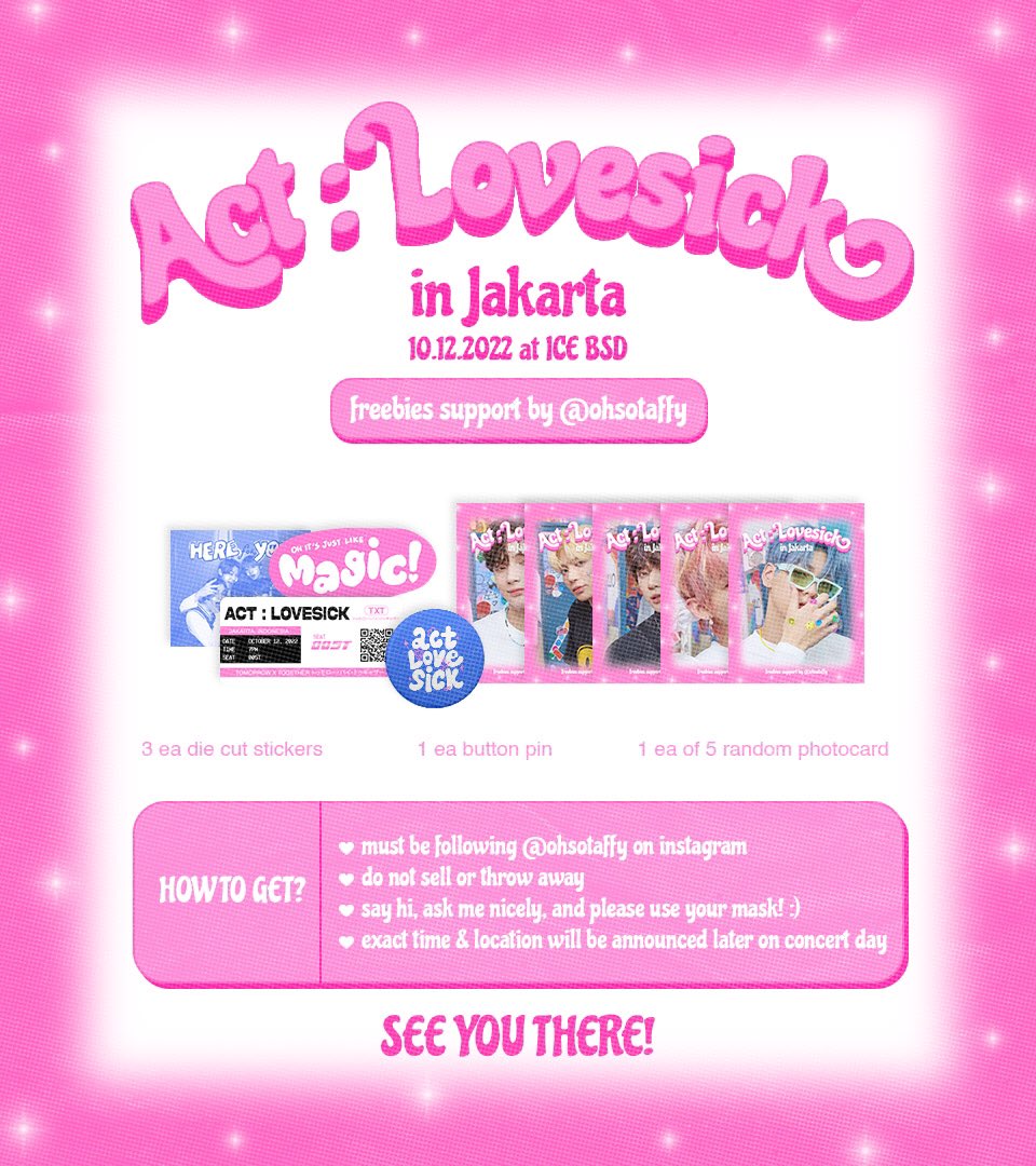 bluepIums's tweet photo. TXT ACT:LOVESICK in Jakarta
freebies support by ohsotaffy / koominluvr

💗 12 oct @ ICE BSD
🧩 must be following @/ohsotaffy on ig!
🧽 very limited qty 

see you there! ☻

🏷 #TXTinJKT #TXTinJakarta #ACTLOVESICKinJKT https://t.co/qclJZqOQys
