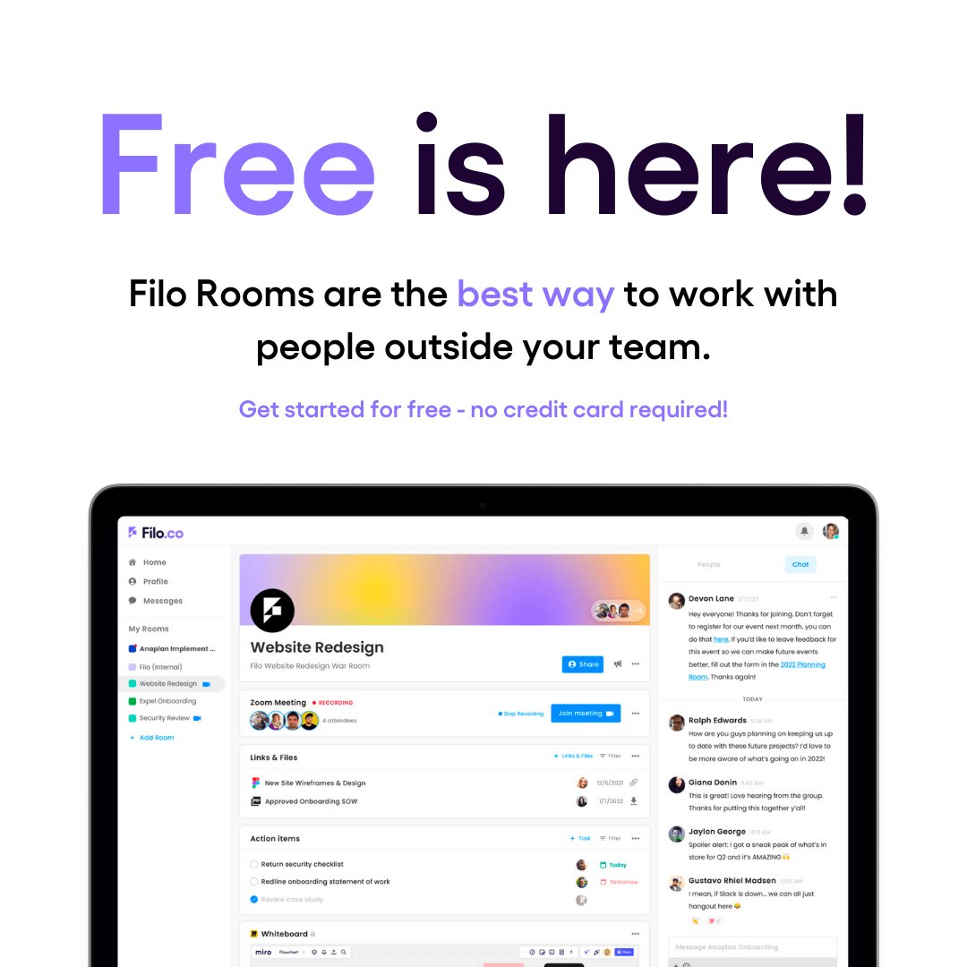 Introducing Filo Rooms: the best way to work with people outside of your organization. Try it for yourself — anyone can claim their own free room. Congrats to @meetfilo on this exciting announcement! Claim your own room: bit.ly/3CvI61L