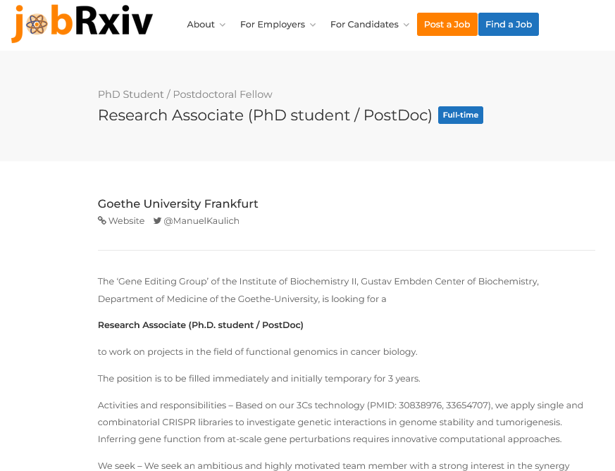 jobRxiv's tweet photo. Research Associate (PhD student / PostDoc) with @ManuelKaulich 

Goethe University Frankfurt, Frankfurt am Main, Germany

https://t.co/JW9PDeSVlF 

#ScienceJobs #CRISPR #Pertomics https://t.co/X9NHFaLfLq
