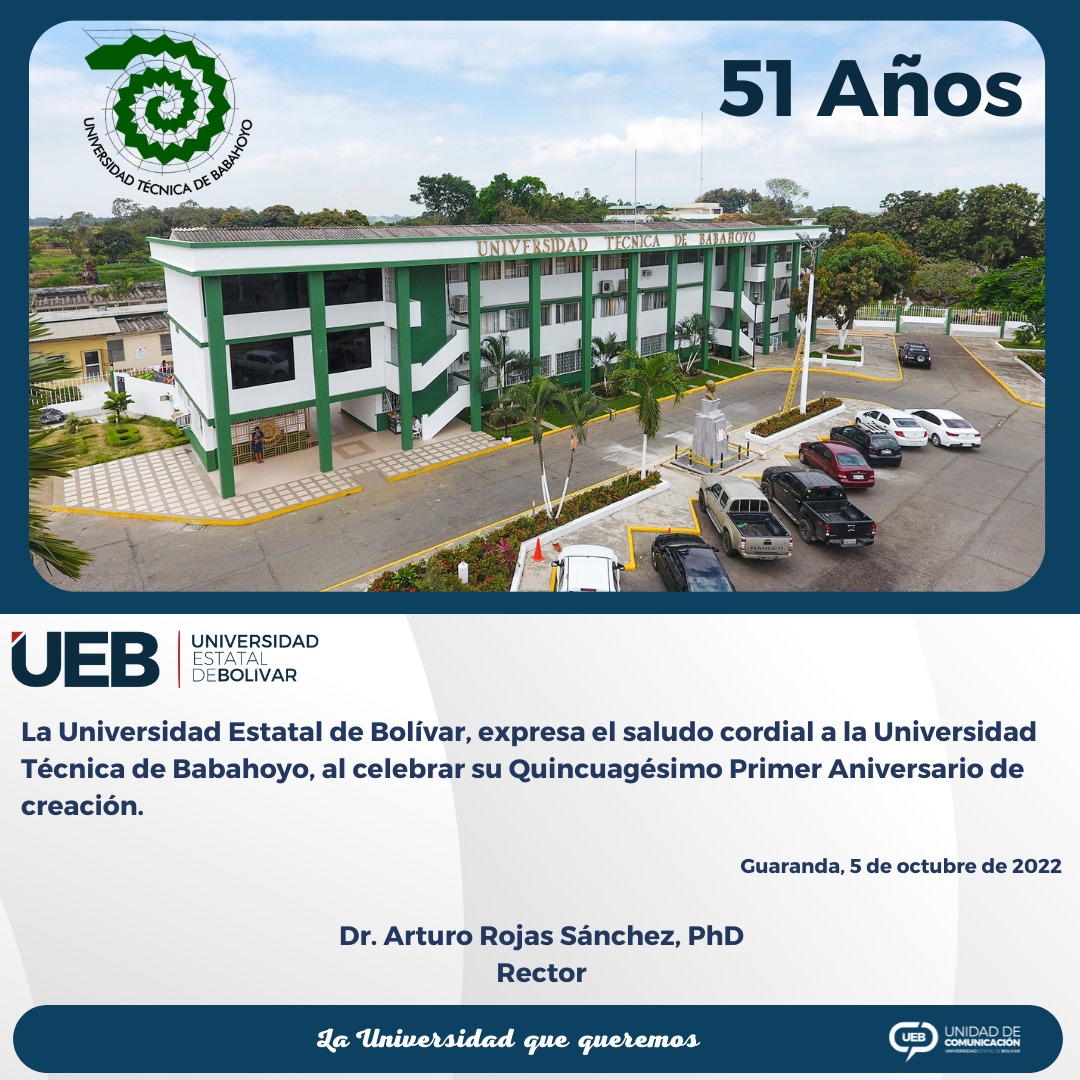 ueboficial_ec's tweet photo. La Universidad Estatal de Bolívar, saluda a nuestra fraterna la Universidad Técnica de Babahoyo, en su aniversario de creación. Felicidades.
#juntosconstruyendolauniversidaquequeremos
#UebSaludaUTécnicaBabahoyoAniversarioCrecaión https://t.co/F2Upg0Gths