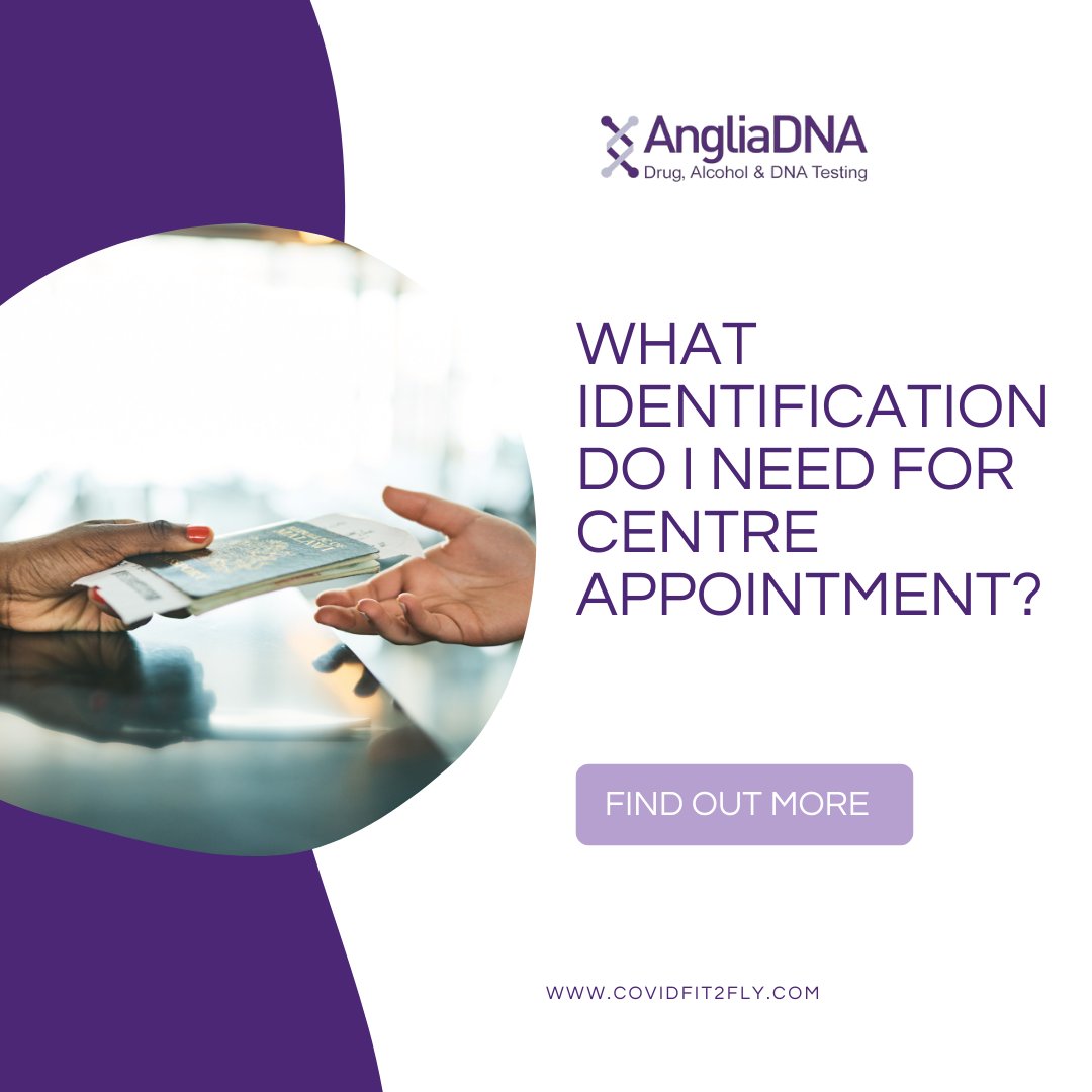 IDENTIFICATION REQUIRED FOR CENTRE APPOINTMENTS

You will need your booking reference that was sent in the confirmation email and photo identification. For Fit to Fly you will need a valid passport or national ID card for authentication.

Read more: covidfit2fly.com/faq/