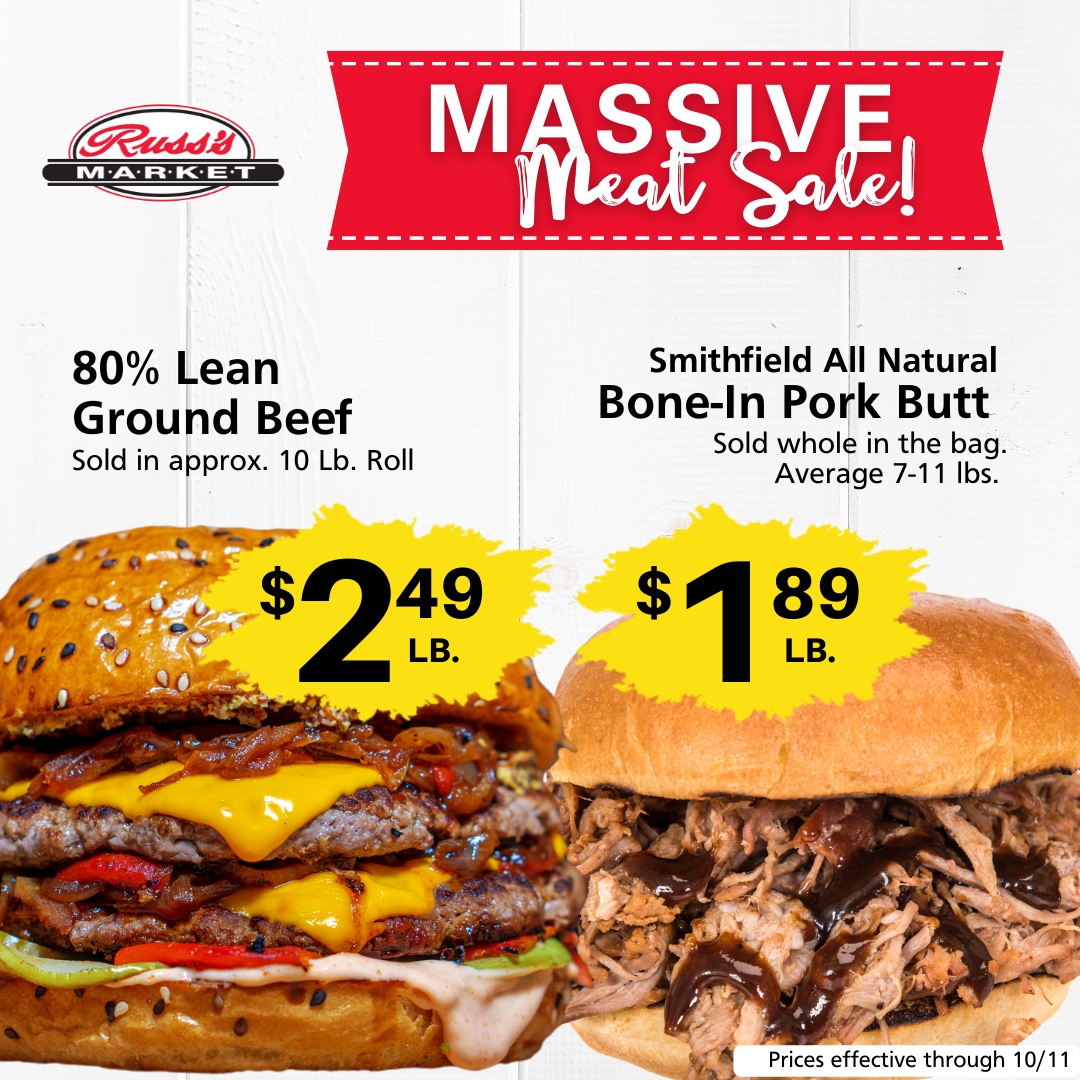 RussMarket's tweet photo. Get your deep freezer ready because it's time for our Massive Meat Sale! Be your own butcher and SAVE during this great sale on a variety of beef, pork, chicken, and more. Learn more at https://t.co/xGuESqiaTq.
#MeatSale #MassiveMeatSale #russmarket #LocalGrocery #LocalGroc... https://t.co/IUwKczPaOL