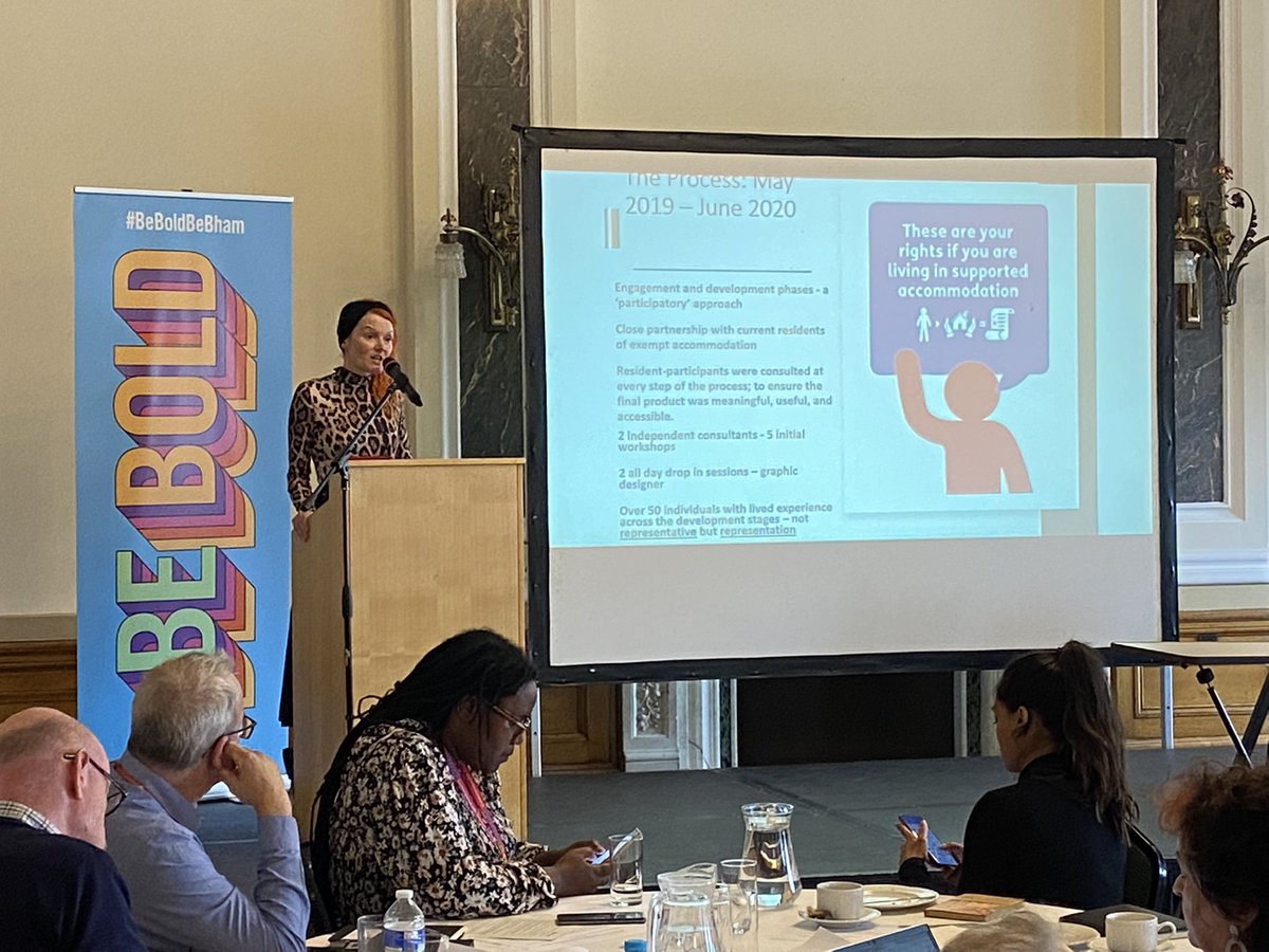 BhamCityCouncil's tweet photo. The Charter of Rights brought together the lived experience of over 50 residents in Exempt Accommodation who had ownership of the whole project and co-created the final product. Thea Raisbeck, Head of Research @SpringHousing #ExemptConference https://t.co/FzMwKJcpVj
