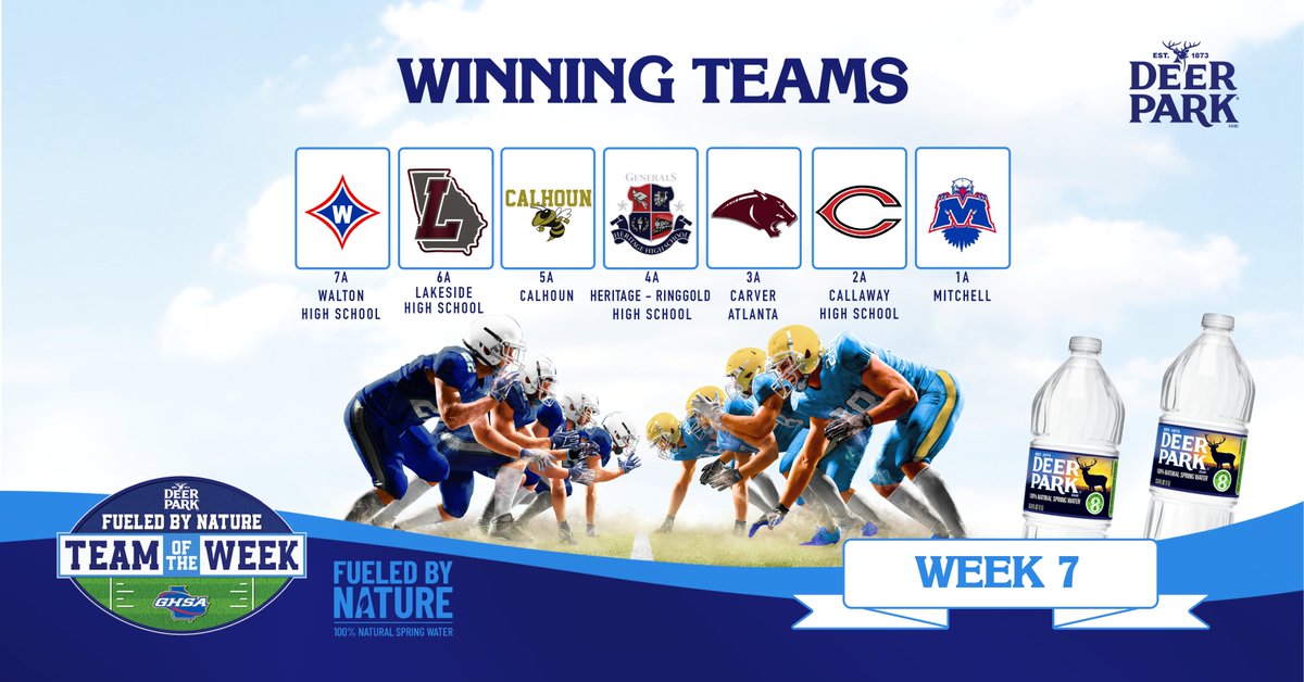 OfficialGHSA's tweet image. Congratulations to our Week 7 @DeerParkWtr Fueled by Nature Teams of the Week! 🏈💪😤 bit.ly/3QWoJD5
7A | @WHSRaiderFans
6A | #Lakeside-Evans
5A |  @CHSJacketsFB
4A | @HHSGenerals
3A |  @NSC_Football
2A | @chs_becallaway
1A |  #MitchellHS