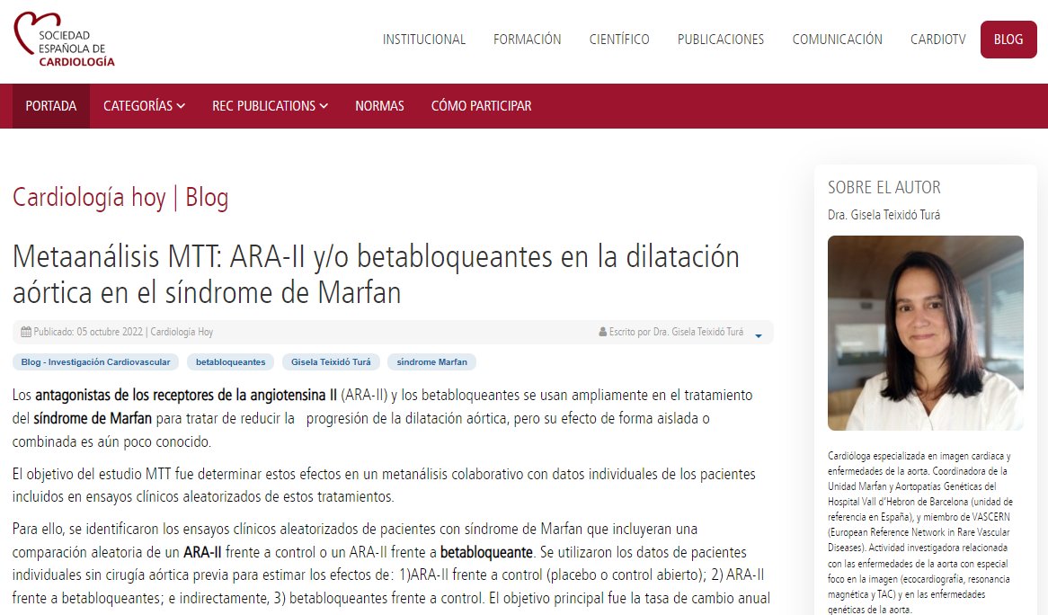Soc Esp Cardiología (@secardiologia) on Twitter photo "El metaanálisis realizado por el grupo MTT mostró que los ARA-II son efectivos en la reducción de la progresión de la dilatación aórtica en el síndrome de Marfan", señala <a href="/giselateixido/">gisela teixido</a>. #BlogSEC ow.ly/fxlP50L1YY1 "El metaanálisis realizado por el grupo MTT mostró que los ARA-II son efectivos en la reducción de la progresión de la dilatación aórtica en el síndrome de Marfan", señala <a href="/giselateixido/">gisela teixido</a>. #BlogSEC ow.ly/fxlP50L1YY1