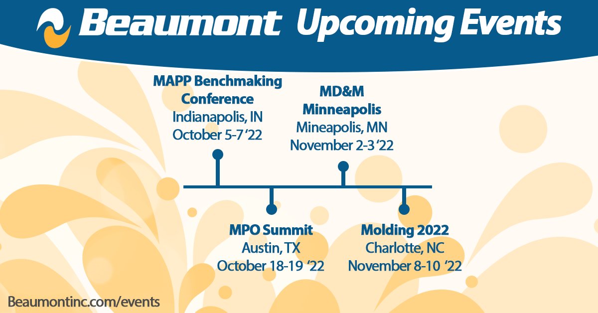 Fall Trade Show season has arrived!

Our team can't wait to #talkplastics at these shows.

#ontheroadagain #weareBeaumont #injectionmolding #tradeshows #expos