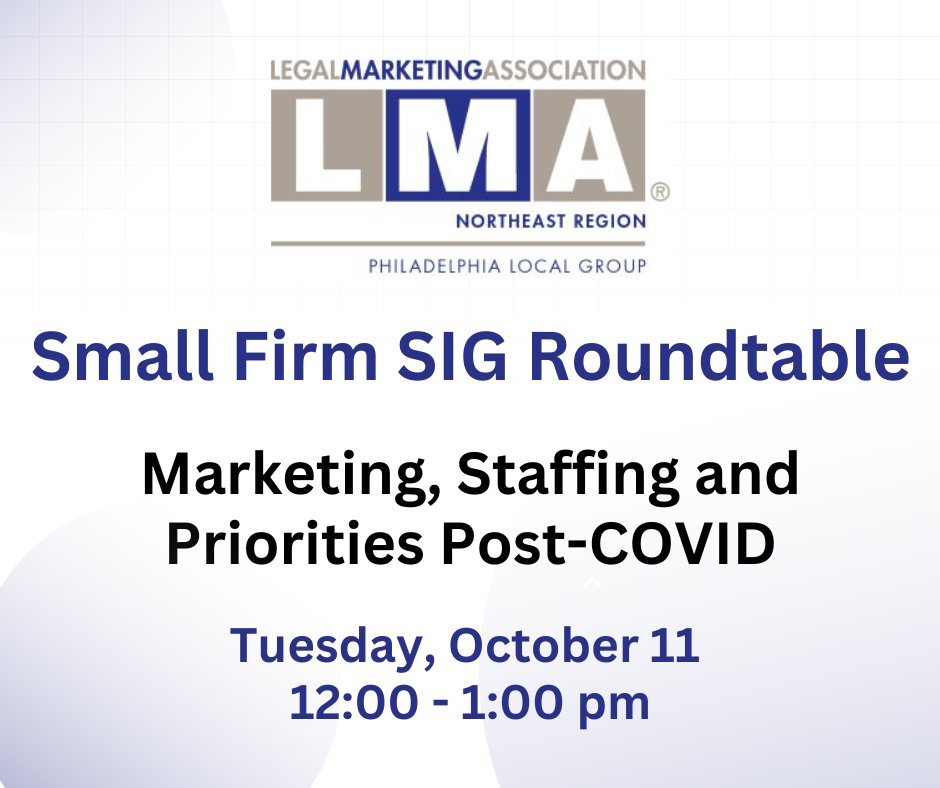 Join #LMANE_Philly’s Small Firm SIG for a Roundtable Discussion. Anna Malandra and Krista Egan will discuss their changing roles, responsibilities and pivots in a post-pandemic work environment. 

Register today! bit.ly/3yjJAth bit.ly/3yjJAth