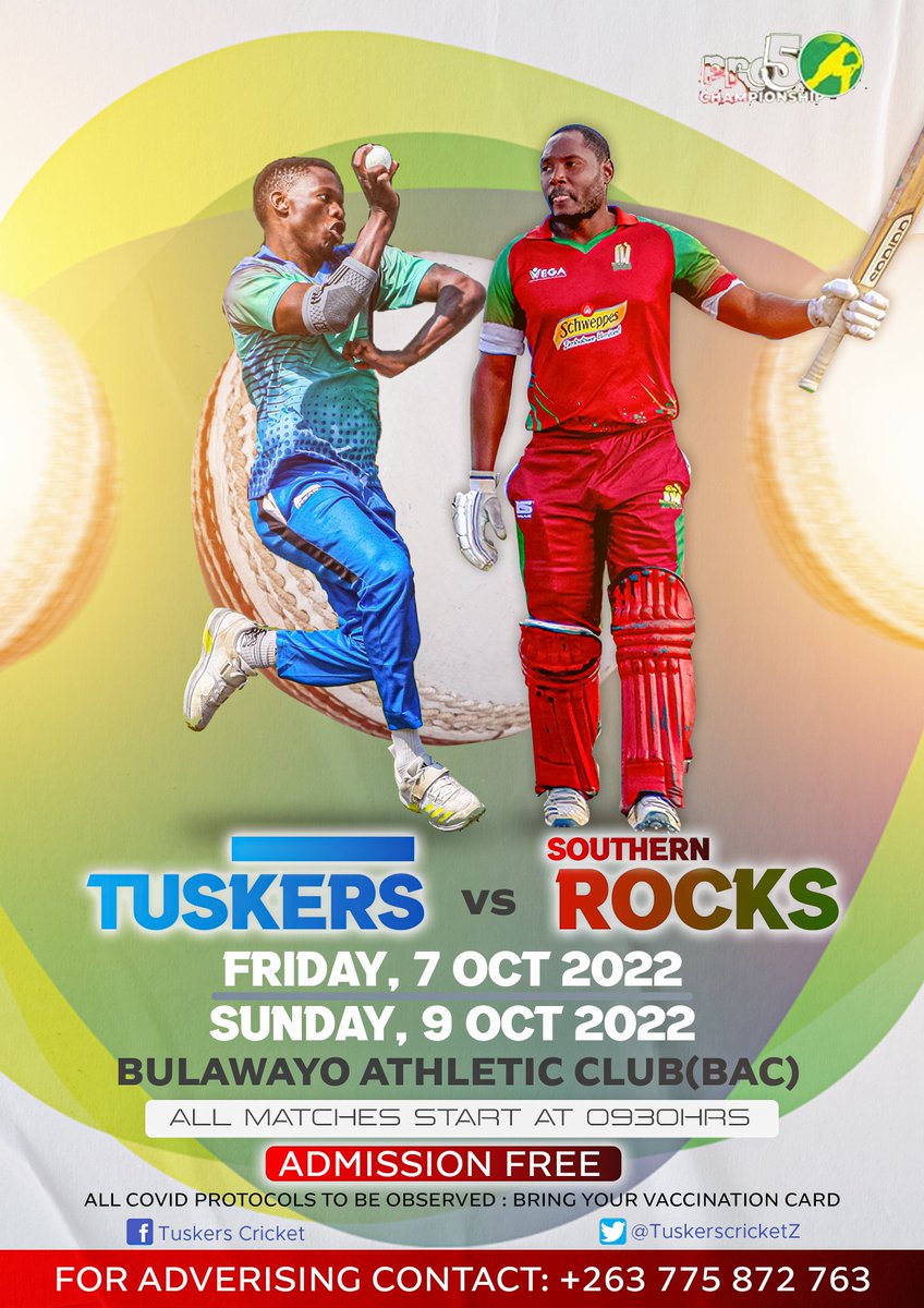 tuskerscricketZ's tweet photo. Cricket is coming home! @tuskerscricketZ  takes on @rocks__cricket in back-to-back #Pro50Championship matches at Bulawayo Athletic Club (BAC) on the 7th and 9th of October 2022. Admission is free. Come and cheer your boys.  Cooler boxes and braai stands allowed. #Amandla 🐘 https://t.co/6Cz0Iav8mH