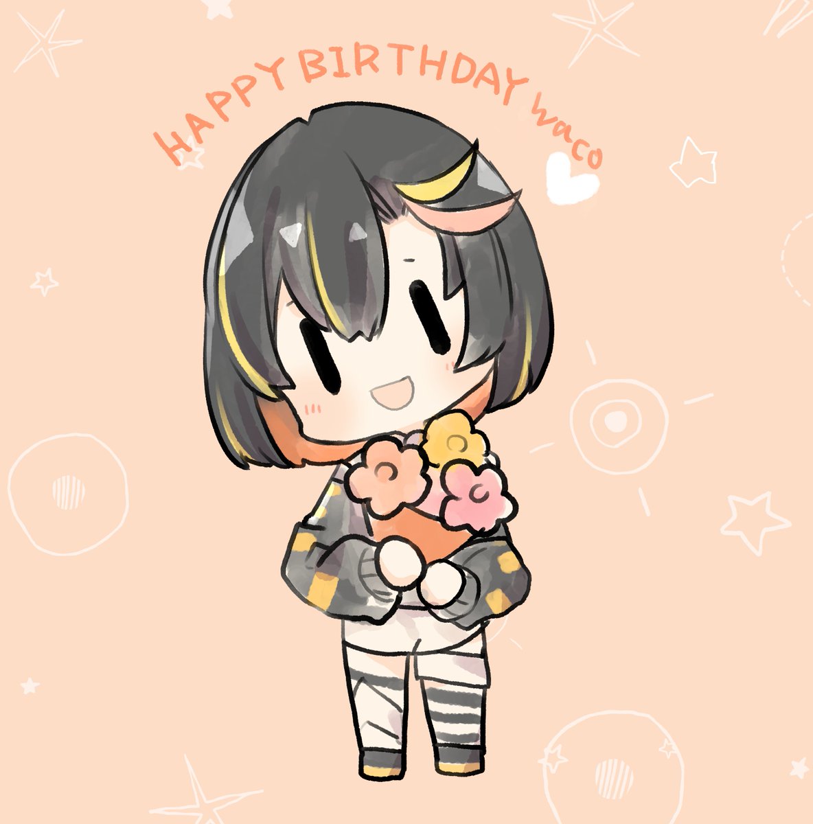 1girl chibi black hair solo happy birthday smile orange hair  illustration images