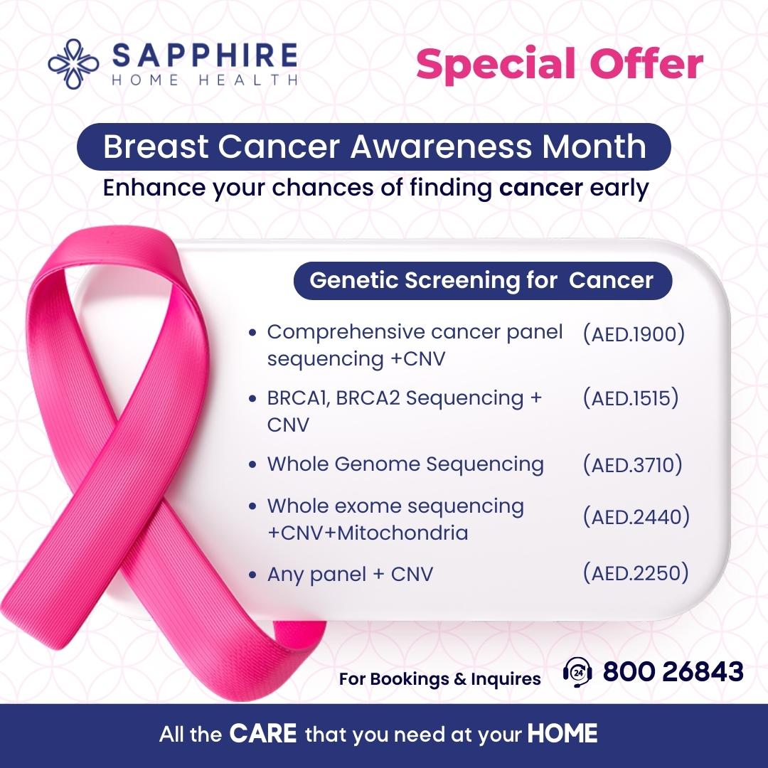 SapphireHHC's tweet photo. Enhance your chances of finding cancer early 

▪Comprehensive cancer panel sequencing +CNV 
▪BRCA1, BRCA2 Sequencing + CNV 
▪Whole Genome Sequencing
▪Whole exome sequencing +CNV+Mitochondria 
▪Any panel + CNV 

#breastcancerawareness #wholegenomesequencing  #brca1 #brca2 https://t.co/yBX6LDr38I