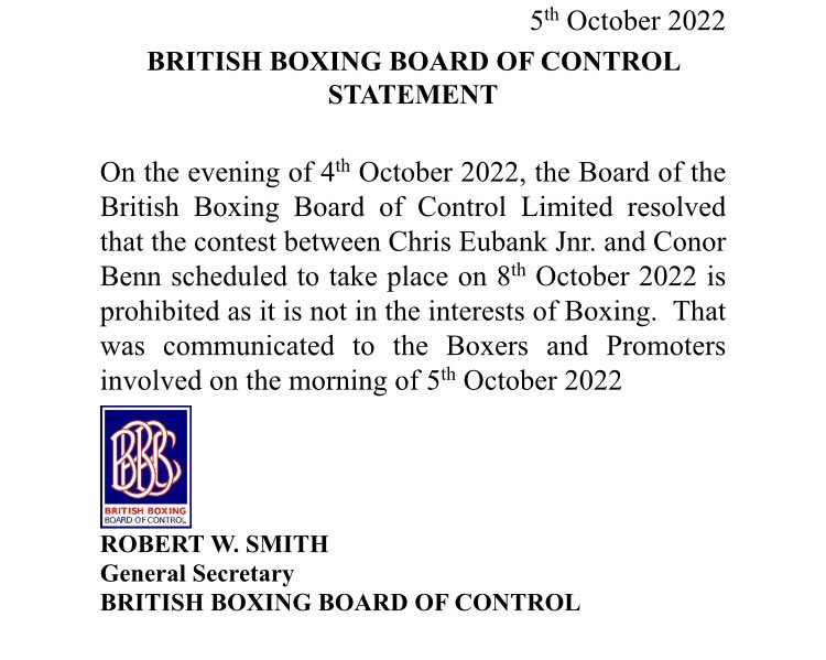 ‼️ Statement from the British Boxing Board of Control declaring that Chris Eubank Jr vs Conor Benn is PROHIBITED from taking place on Saturday night after Benn tested positive for clomifene…