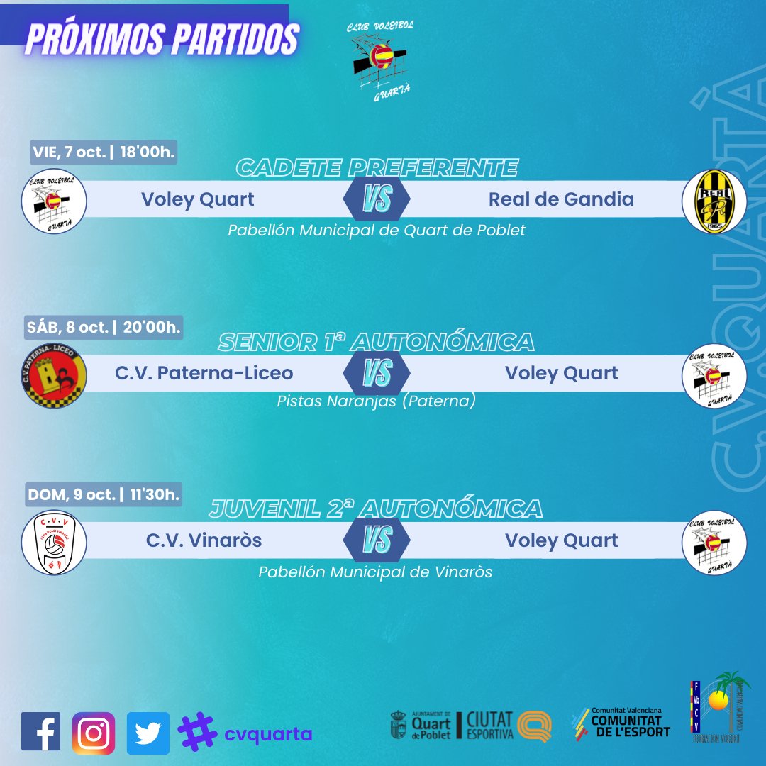 cvquarta's tweet photo. 📣PARTIDOS DE LA JORNADA🗓

#CVQuarta #VoleyQuarta #CVQ #SomosVoleibol #Voleibol #EsportFemeni #DeporteFemenino #QuartdePoblet #Valencia #ComunitatValenciana https://t.co/6Zg3mPgT78