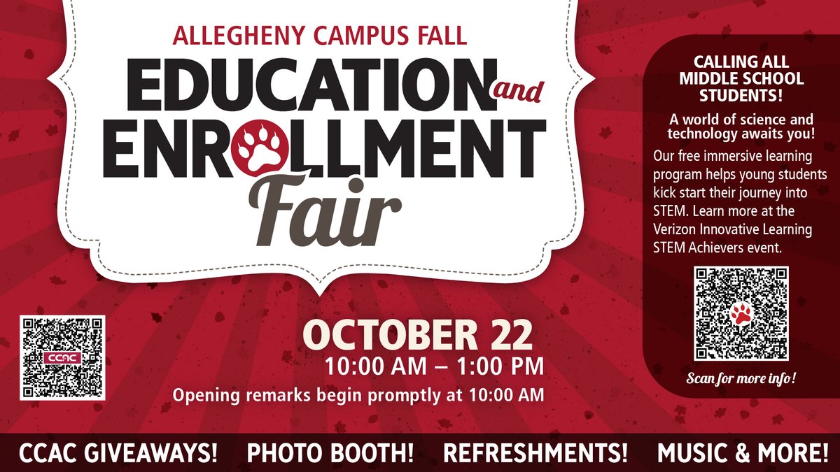 CCAC_Admissions's tweet photo. Are you interested in CCAC? Stop by Allegheny Campus on October 22nd for the Education and Enrollment Fair from 10-1! Learn about our programs, register for Spring '23 courses, and enjoy some refreshments #IamAWildCat https://t.co/QmikFBBLcx