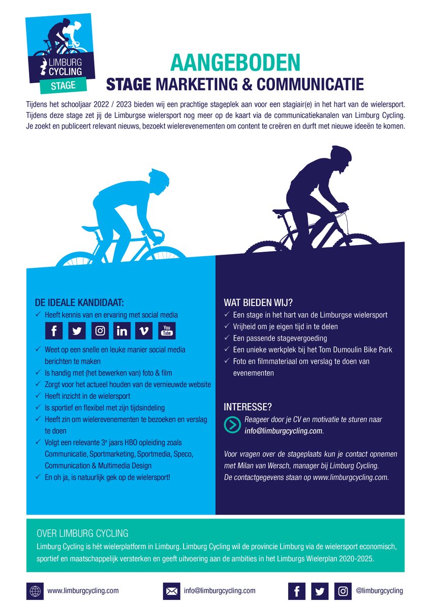 😍 𝐒𝐭𝐚𝐠𝐞𝐩𝐥𝐞𝐤 𝐢𝐧 𝐝𝐞 𝐰𝐢𝐞𝐥𝐞𝐫𝐬𝐩𝐨𝐫𝐭 ❗️ 

🚴‍♀️  Stage Marketing &amp; Communicatie
🗓   Schooljaar 2022/2023 (periode in overleg)
🚴‍♀️  Wielersport liefhebber? 👉 dat is een pré
👀  Alle informatie 👇
➗  RT is 🙏
#limburgcycling