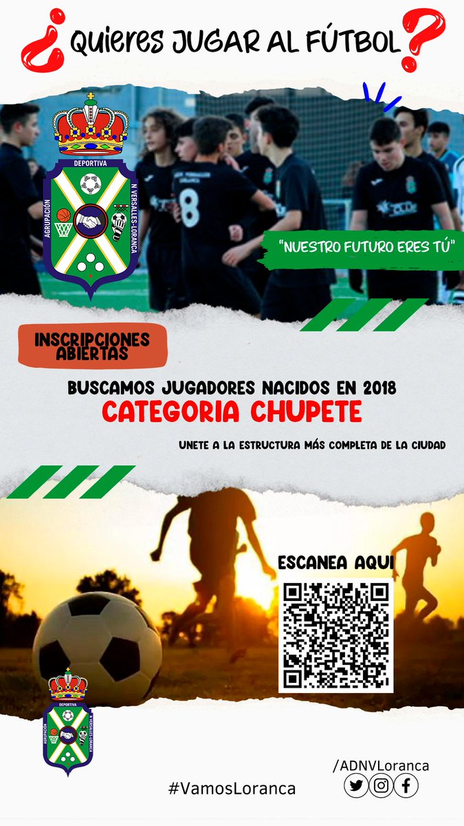 BUSCAMOS | ¿Tu hijo quiere jugar al fútbol? Si ha nacido en 2018 y quiere participar en el equipo con la estructura más completa, tenemos las inscripciones abiertas.

Pincha en este enlace o escanea el QR de la imagen:
docs.google.com/forms/d/1zsbQU…

#VamosLoranca #SomosLoranca