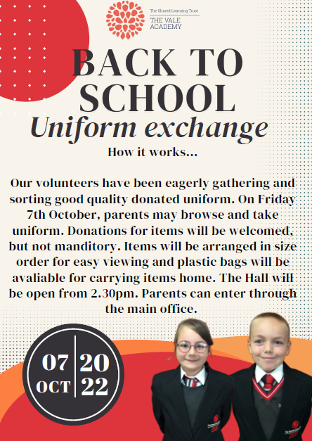 TheValeAcademy's tweet photo. Parents are invited to come along for our #uniformexchange on Friday 7th October. Join us from 2.30pm in the hall and browse the selection of #uniform we have available.
#Donations for items will be welcomed, but not required.
#backtoschool #Strive #Achieve #Believe #Dunstable https://t.co/3ZPlN9YbSk